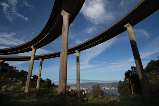 Double viaduct of a highway and blue sky. View of the viaduct of the AP9 motorway in Teis, Vigo. pontevedra