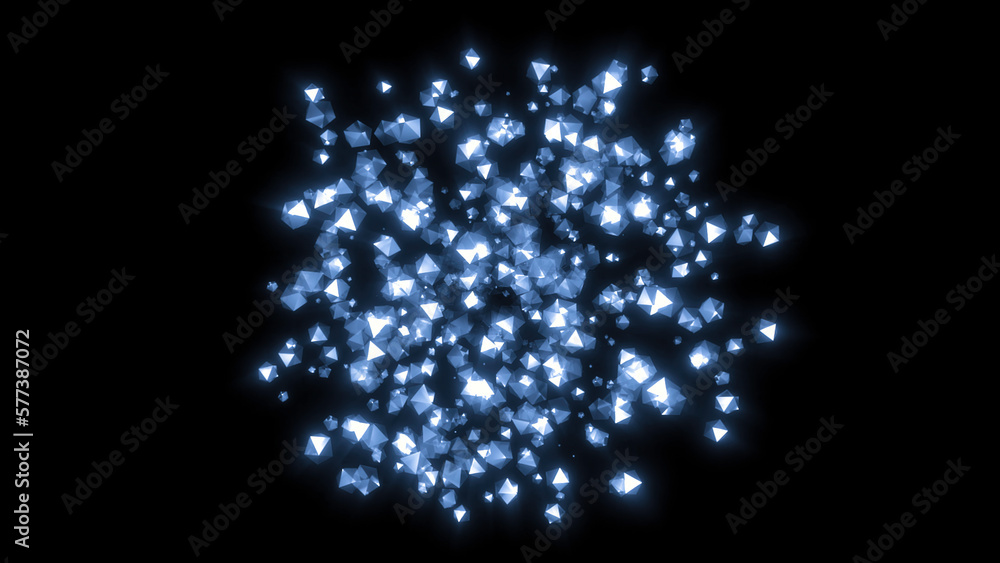 Poster stream of moving shimmering particles from point. motion. slow explosion with crystal particles shin
