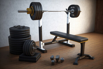 Barbell bench with weight dumbbells in the, generative Ai - obrazy, fototapety, plakaty