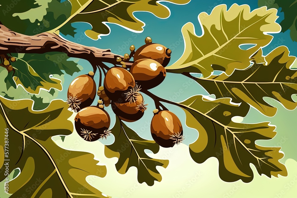 Poster the acorns on the oak tree branches are seen up up and personal on a warm day. generative ai