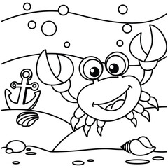Funny crab cartoon characters vector illustration. For kids coloring book.
