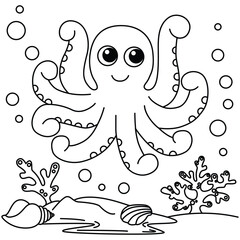 Funny octopus cartoon characters vector illustration. For kids coloring book.