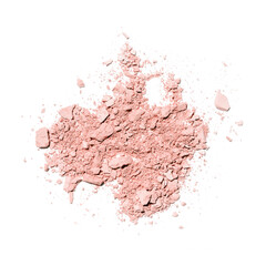 Make up crushed and broken brown eyeshadow on white background. Texture of crushed bronz powder