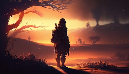 Soldier on the battlefield. Sunset. Generative AI