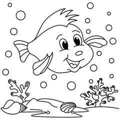 Funny fish cartoon characters vector illustration. For kids coloring book.