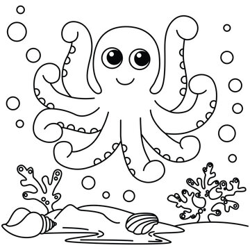 Funny octopus cartoon characters vector illustration. For kids coloring book.