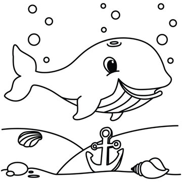 Funny whale cartoon characters vector illustration. For kids coloring book.