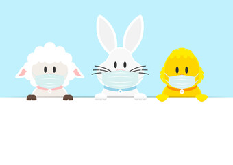 Obraz premium Schaf, Weißer Osterhase & Küken Maske Karte Himmel
