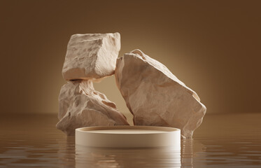 3D podium stone display on brown background. Beige rock on water. Cosmetic beauty product promotion pedestal with sun shadow. Nature landscape showcase. Abstract minimal studio 3D render	