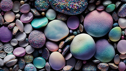Fototapeta na wymiar Pebbles, metallic, stones iridescent cobbles, background. builder for spring, easter, pastel color. Generative AI.