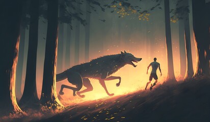 A man running in the forest with his legendary wolf, digital art style, illustration painting, Generative AI