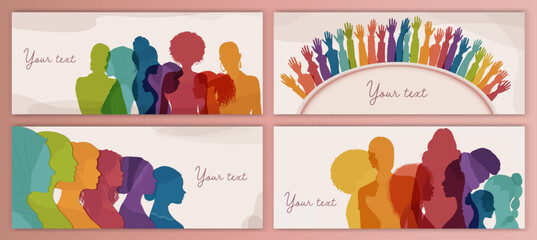 Naklejka na ściany i meble Silhouette group of multicultural women. Female social community of diverse culture.Racial equality. Colleagues. Empowerment or inclusion.Template banner poster. International Women’s day