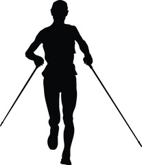 athlete runner running with trekking poles black silhouette