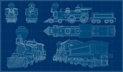 Vintage train. American steam locomotive. Locomotive in three projections. Perspective drawing. Blueprint.