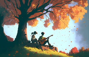 Naklejka na ściany i meble lovers sitting and playing guitar under the tree in autumn, digital art style, illustration painting
