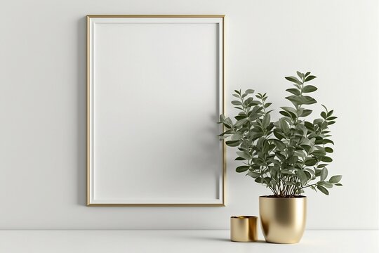 Vertical frame mockup in white minimalist interior with plant in a simple golden vase