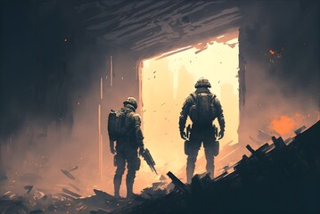 Obraz na płótnie Canvas confrontation of two futuristic soldiers in an abandoned building, digital art style, illustration painting, Generative AI
