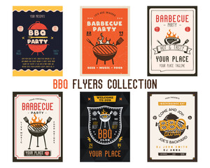 Retro BBQ party flyer templates set. BBQ grill cards for social media marketing. Barbecue post designs. Stock vector poster - obrazy, fototapety, plakaty