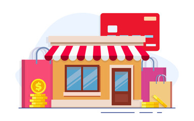 Store building flat vector illustration, Cartoon shop facade front view with shopping bags, credit card, coins