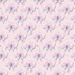 Delicate lilac butterflies with splashes of paint on a white background. Watercolor illustration. Seamless pattern from the collection of CATS AND BUTTERFLIES. For fabric, wallpaper, packaging