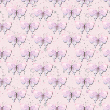 Delicate lilac butterflies with splashes of paint on a white background. Watercolor illustration. Seamless pattern from the collection of CATS AND BUTTERFLIES. For fabric, wallpaper, packaging