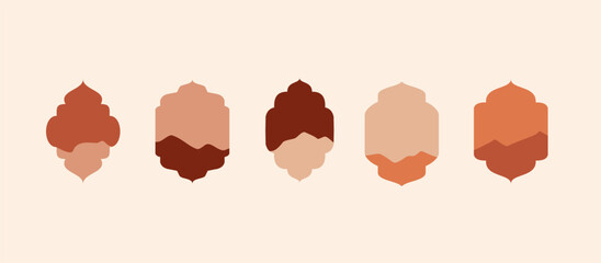 Collection of oriental style Islamic ramadan kareem windows and arches with modern style design, door mosque, mosque dome and lanterns. Ramadan illustration.