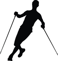 athlete skyrunner with trekking sticks running trail