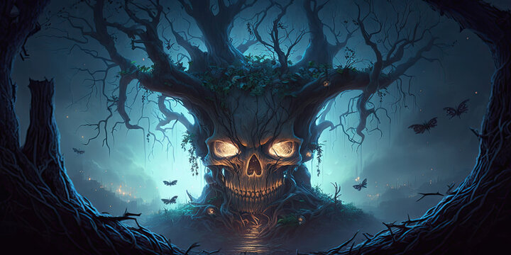 scary halloween wallpaper of a skull that is also a tree, Generative AI