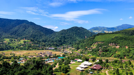 Fototapeta na wymiar resort and village in the valley, tourist attractions and important landmarks of Sa Pan. Nan Province Northern Thailand,