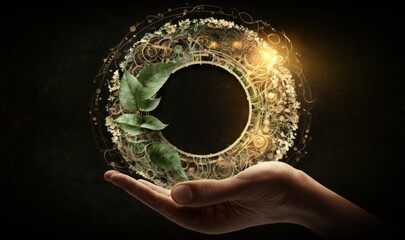 Human hand holding circular economy surreal piece. Conception of nature. Fantasy style colorful beautiful picture. Generative AI
