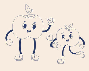 Happy retro trendy character apple mom with baby. Groovy fruits. Cartoon vintage cute mascot. Nostalgic modern Vector Illustration. Monochrome palette.
