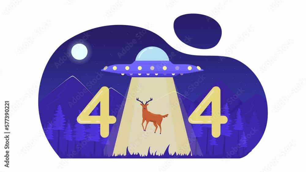 Poster animated ufo spaceship 404 error. aliens phenomenon and deer. empty state 4k video footage with alph