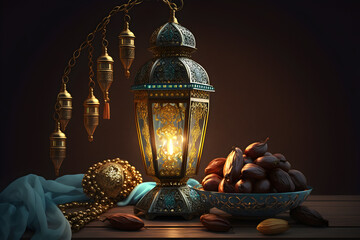 Ramadan lamp rosary and dates. Holidays decoration background. Generative AI