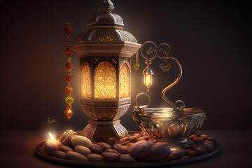 Ramadan lamp rosary and dates. Holidays decoration background. Generative AI