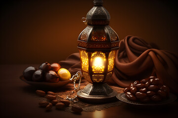 Ramadan lamp rosary and dates. Holidays decoration background. Generative AI