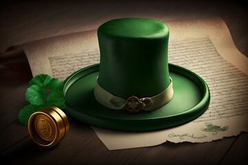St. Patrick's Day. Leprechaun hat with empty blank and wax seal with shamrock. Generative AI