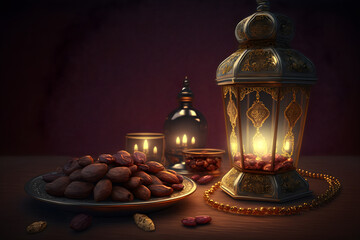 Ramadan lamp rosary and dates. Holidays decoration background. Generative AI