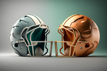 Two football helmets sitting side by side. Generative AI