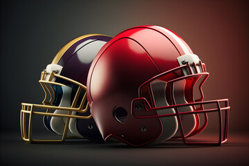 Two football helmets sitting side by side. Generative AI - obrazy, fototapety, plakaty