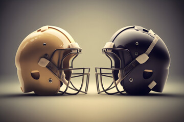 Two football helmets sitting side by side. Generative AI