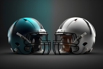 Two football helmets sitting side by side. Generative AI