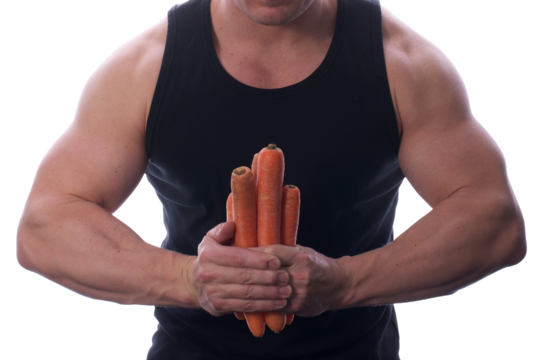 Strong man holding carrots in front of him transparent PNG