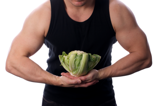 Strong man holding cauliflower in front of him transparent PNG