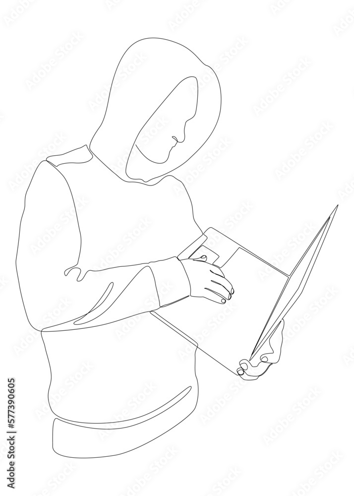 Poster one continuous line of a computer hacker. thin line illustration vector concept. contour drawing cre