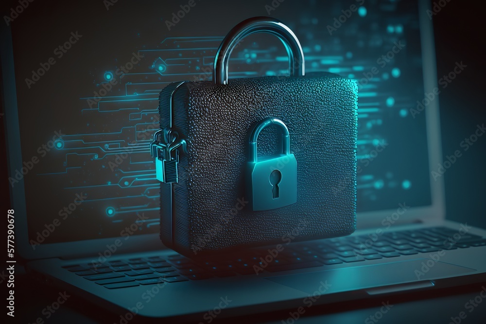 Poster cyber security concept with padlock on laptop. generative ai