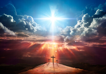 Fototapeta Resurrection - Light Cross Shape In Clouds - Risen - Jesus Ascends to Heaven Scene obraz