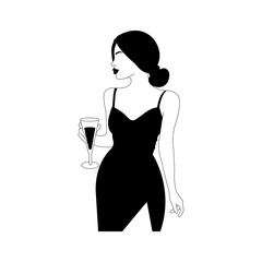 Elegant girl in a dress with a glass. Female linear figure in a minimalist style. For logo, postcards, posters and prints. Vector