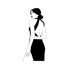 Elegant girl in a dress. Female linear figure, abstract body in minimalist style. For logos, postcards, posters and prints. Vector