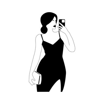 Elegant girl in a dress taking selfies on her smartphone. Female linear figure in the style of minimalism. For logos, postcards, posters and prints. Vector