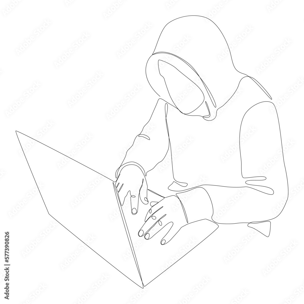 Poster one continuous line of a computer hacker. thin line illustration vector concept. contour drawing cre
